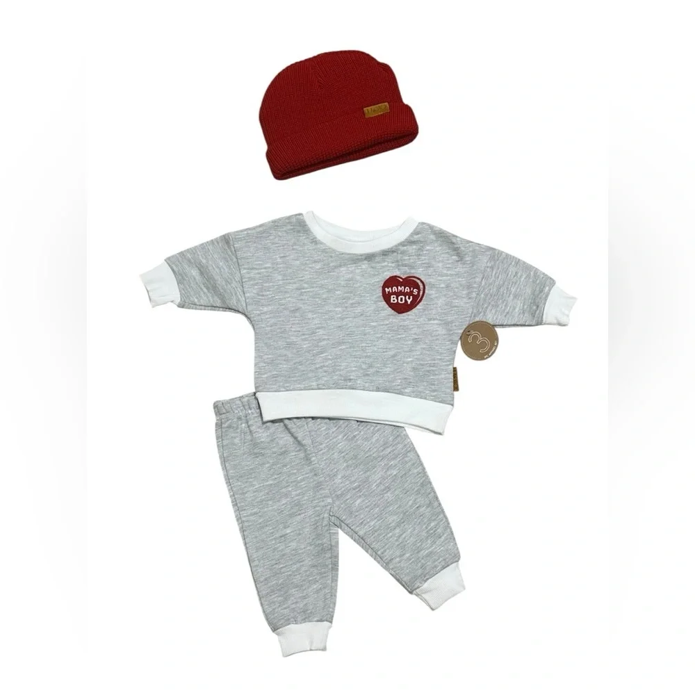 Lila & Jack Infant 3-Piece Set in Heather Gray including a Red Beanie